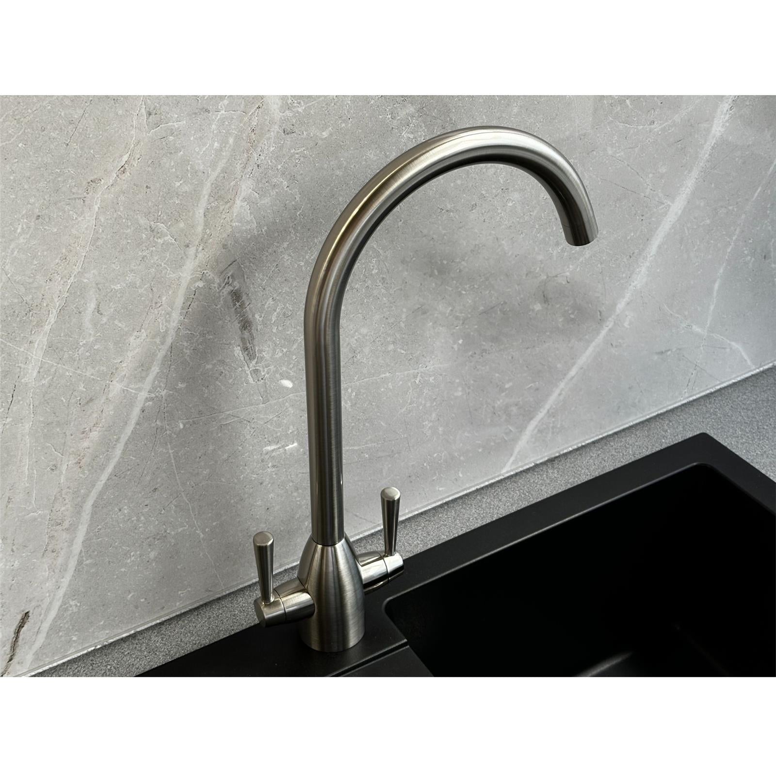 Liquida W05BN Swan Neck Monobloc Twin Lever Brushed Nickel Kitchen Mixer Tap